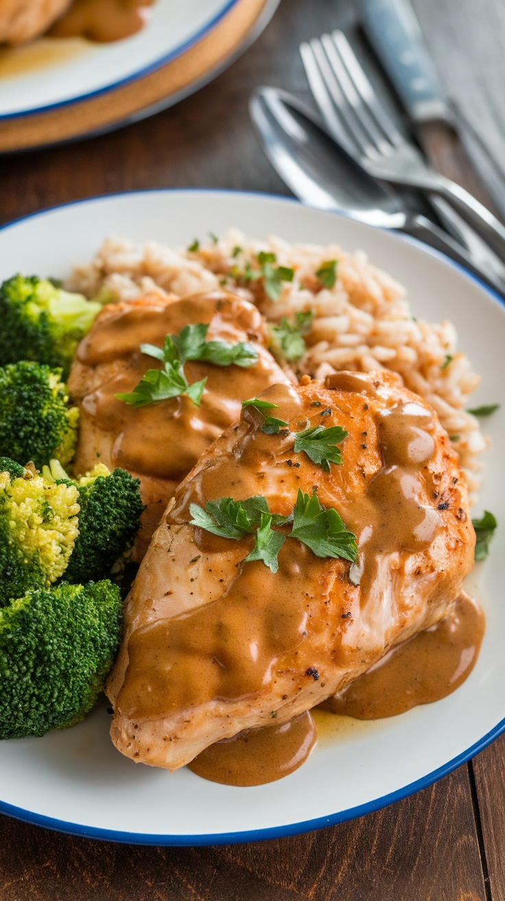 Delicious slow cooker honey mustard chicken on a plate with broccoli and brown rice.